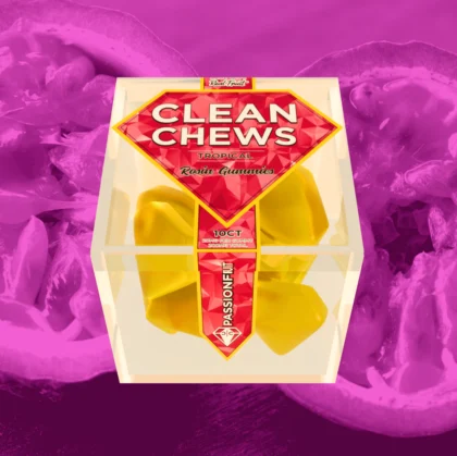 Passion Fruit Clean Chews featuring a tropical passionfruit flavor designed to freshen breath and eliminate odors, packaged in a portable container for easy on-the-go use.