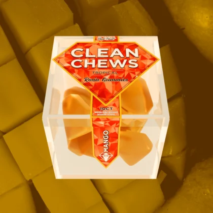 Mango Clean Chews designed to freshen breath with a sweet tropical mango flavor, packaged in a portable container for convenient on-the-go use and odor elimination.