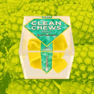 Pineapple Clean Chews designed to eliminate odors and freshen breath with a tropical pineapple flavor, packaged in a portable container for convenient on-the-go use.