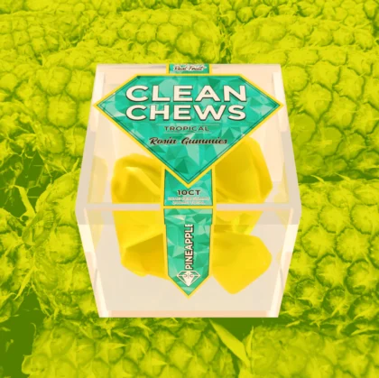Pineapple Clean Chews designed to eliminate odors and freshen breath with a tropical pineapple flavor, packaged in a portable container for convenient on-the-go use.